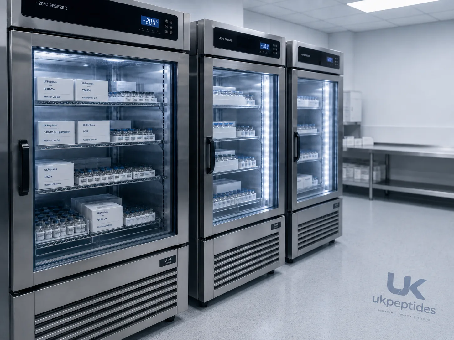UKPeptides −20°C cold-chain storage — research peptides held in temperature-controlled freezers at our UK facility