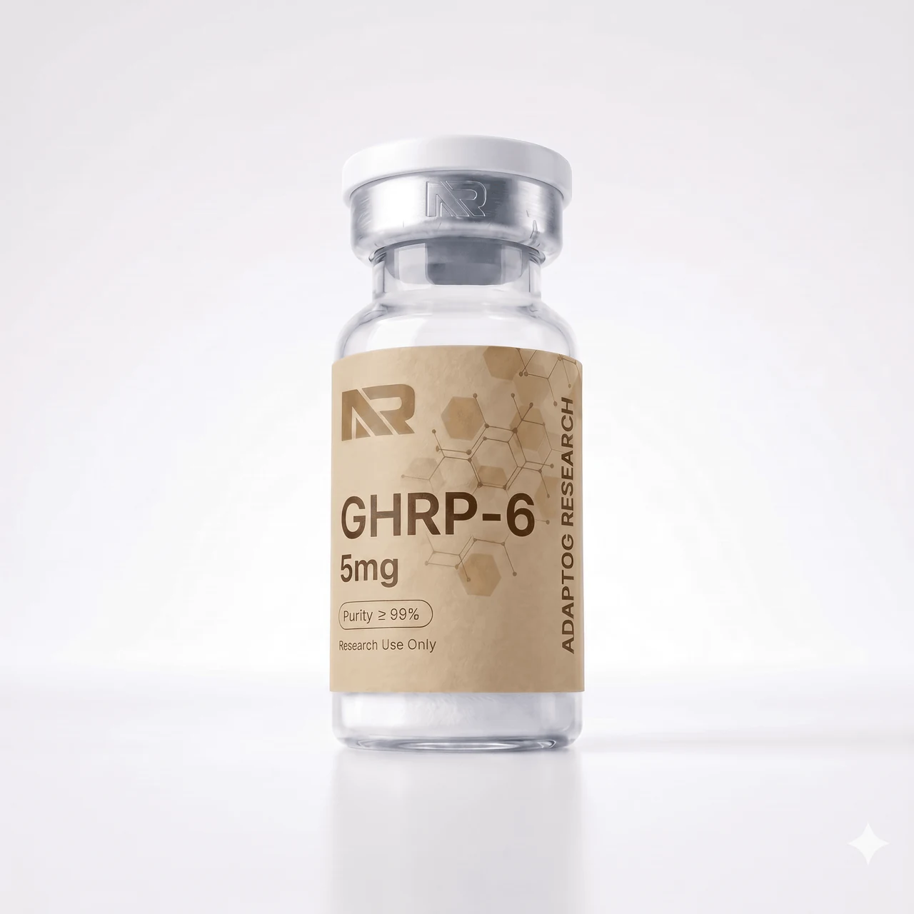GHRP-6 research peptide vial — 99.0% HPLC purity, lyophilised