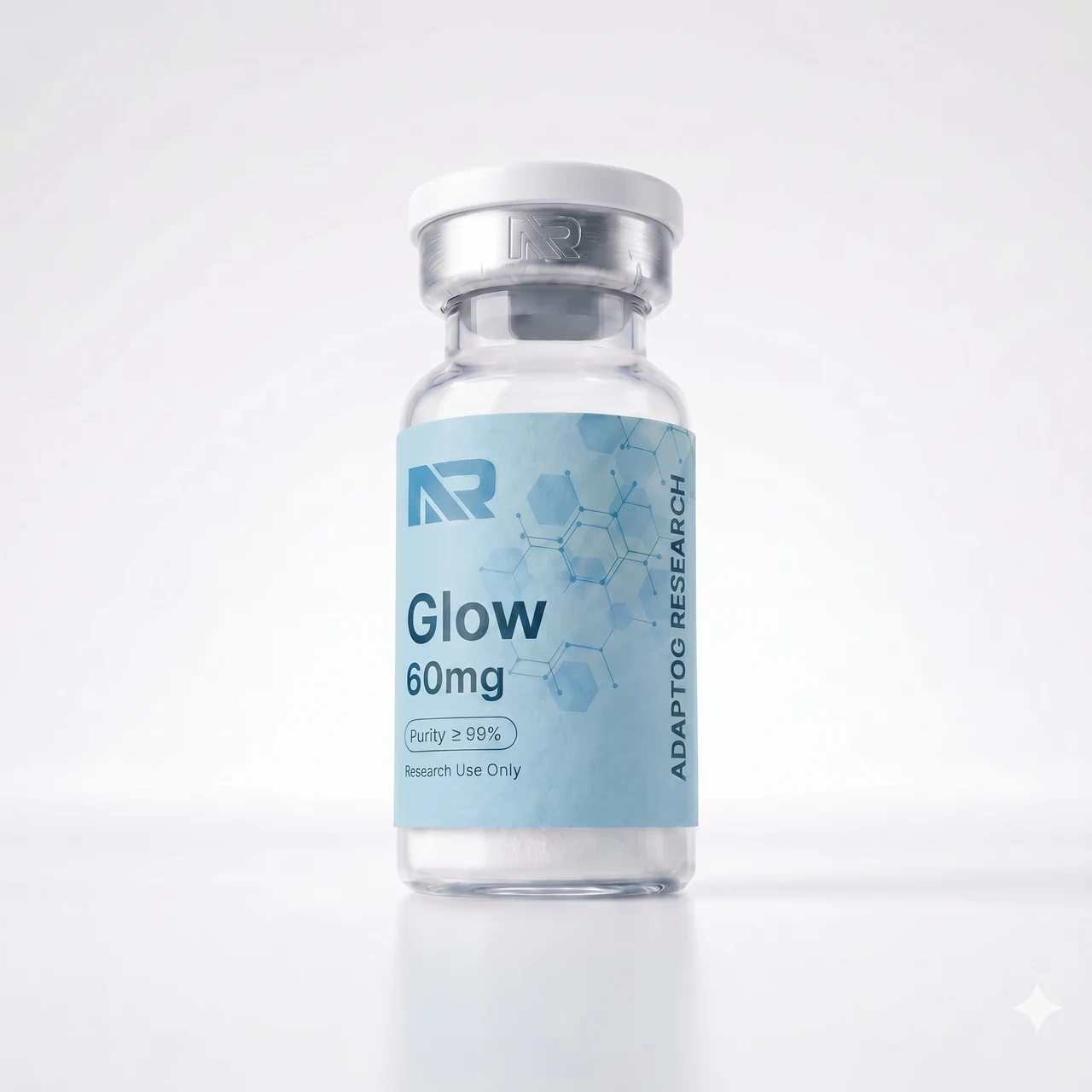 Glow research peptide vial — 99.0% HPLC purity, lyophilised