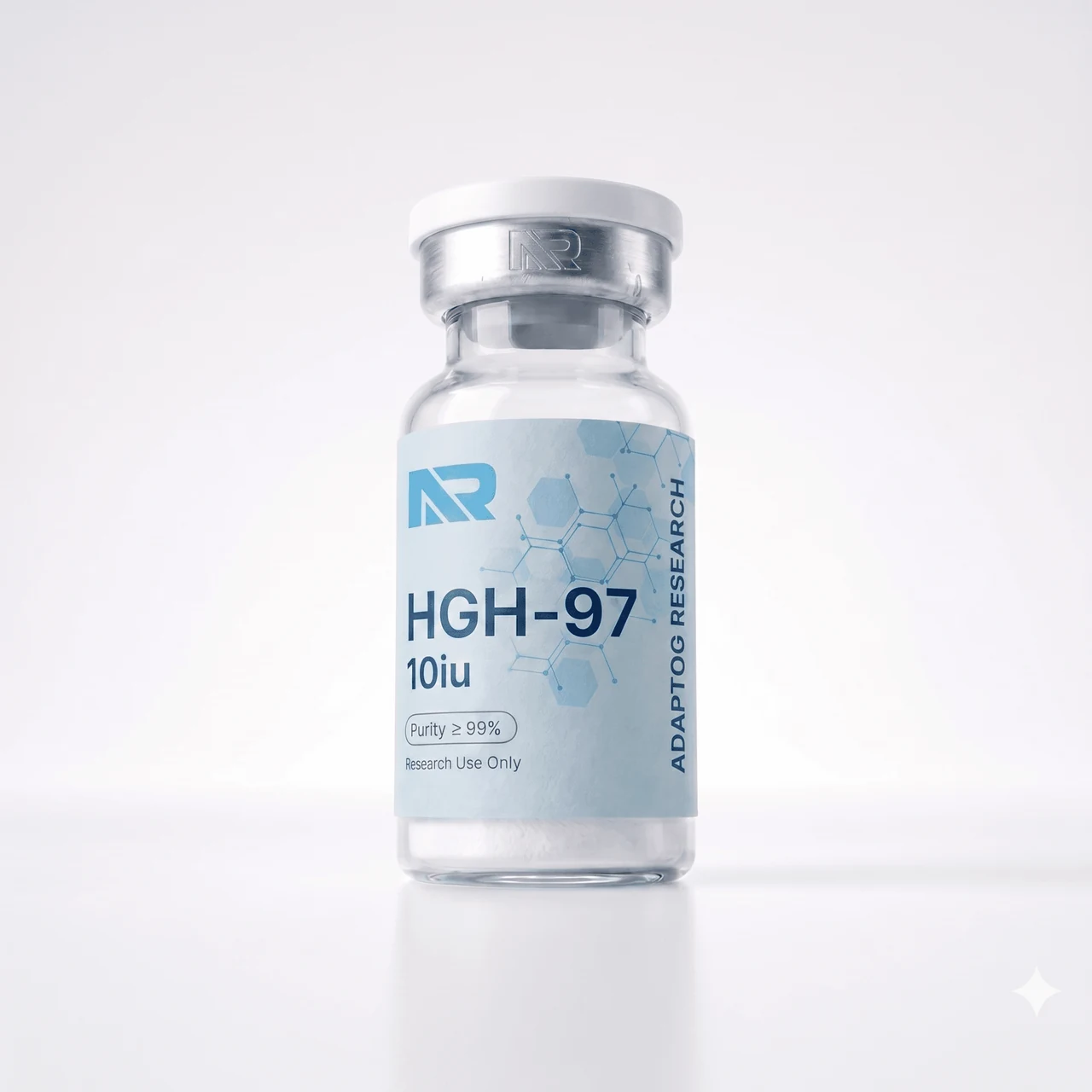 HGH-97 research peptide vial — 99.0% HPLC purity, lyophilised