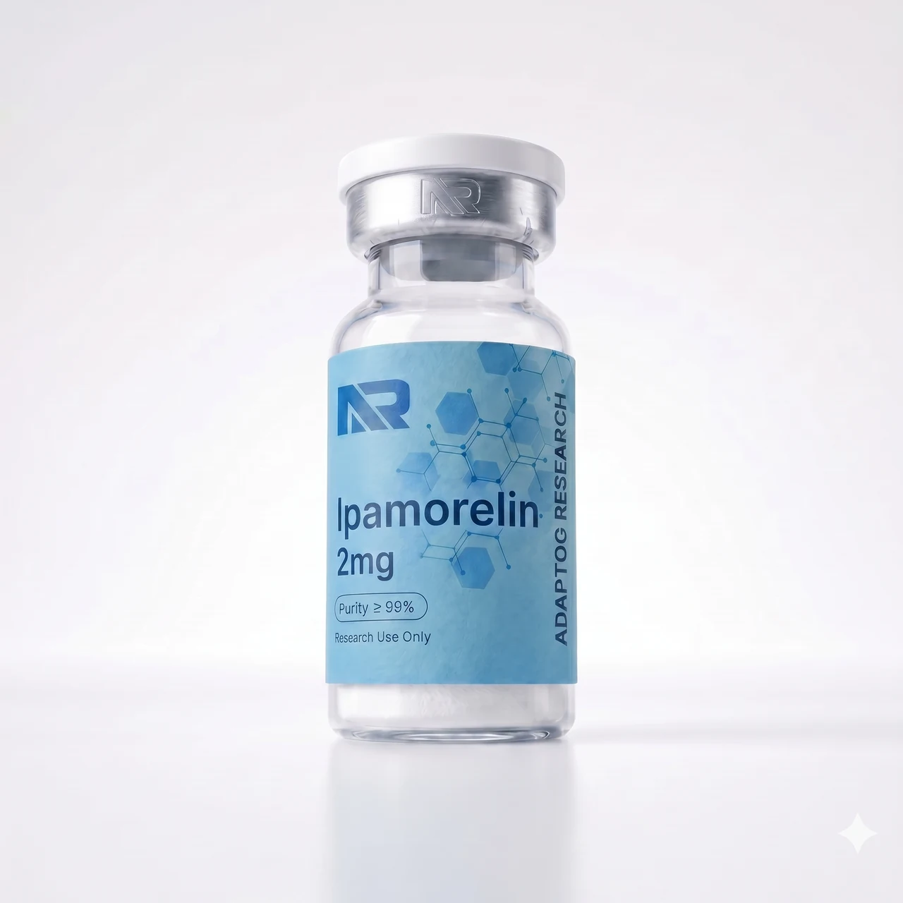 Ipamorelin research peptide vial — 99.0% HPLC purity, lyophilised