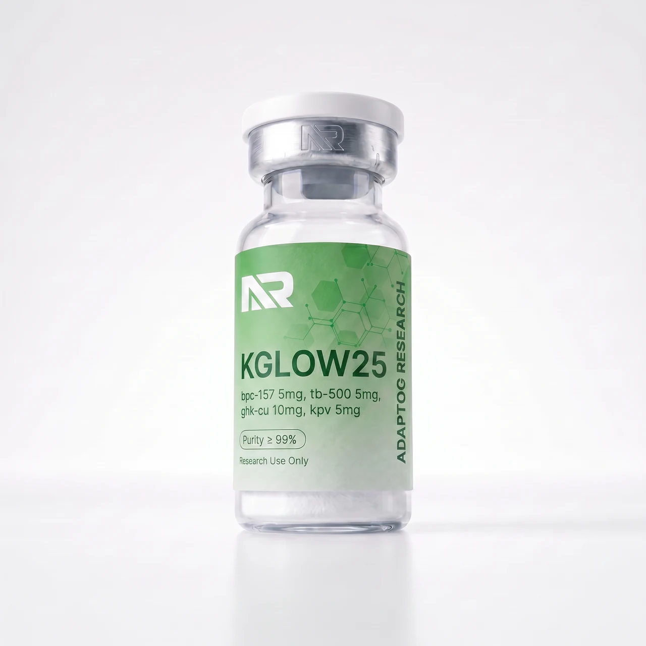 KLOW research peptide vial — 99.0% HPLC purity, lyophilised
