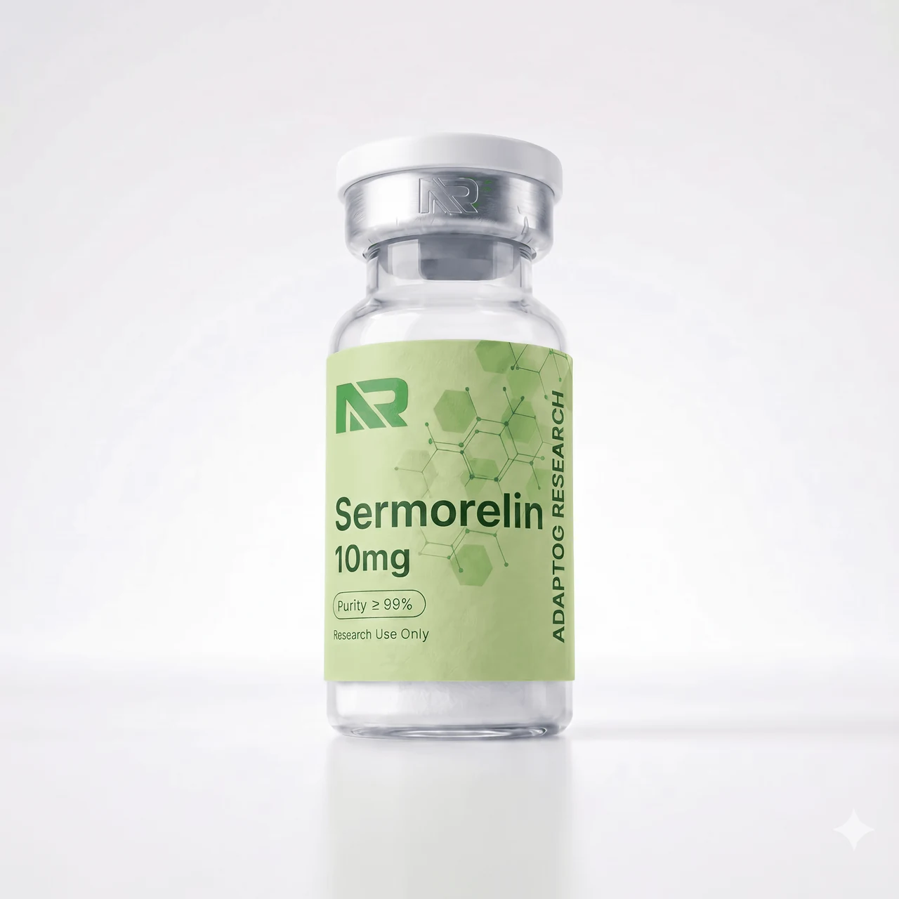 Sermorelin research peptide vial — 99.0% HPLC purity, lyophilised