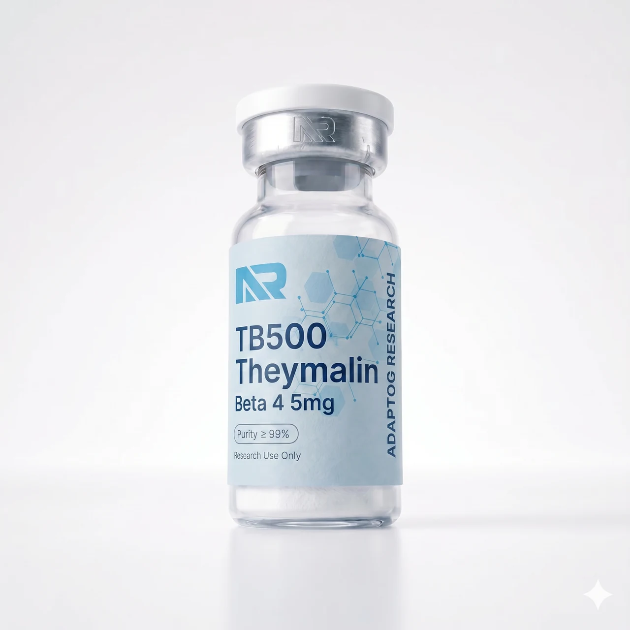 TB500 Theymalin Beta-4 research peptide vial — 99.0% HPLC purity, lyophilised